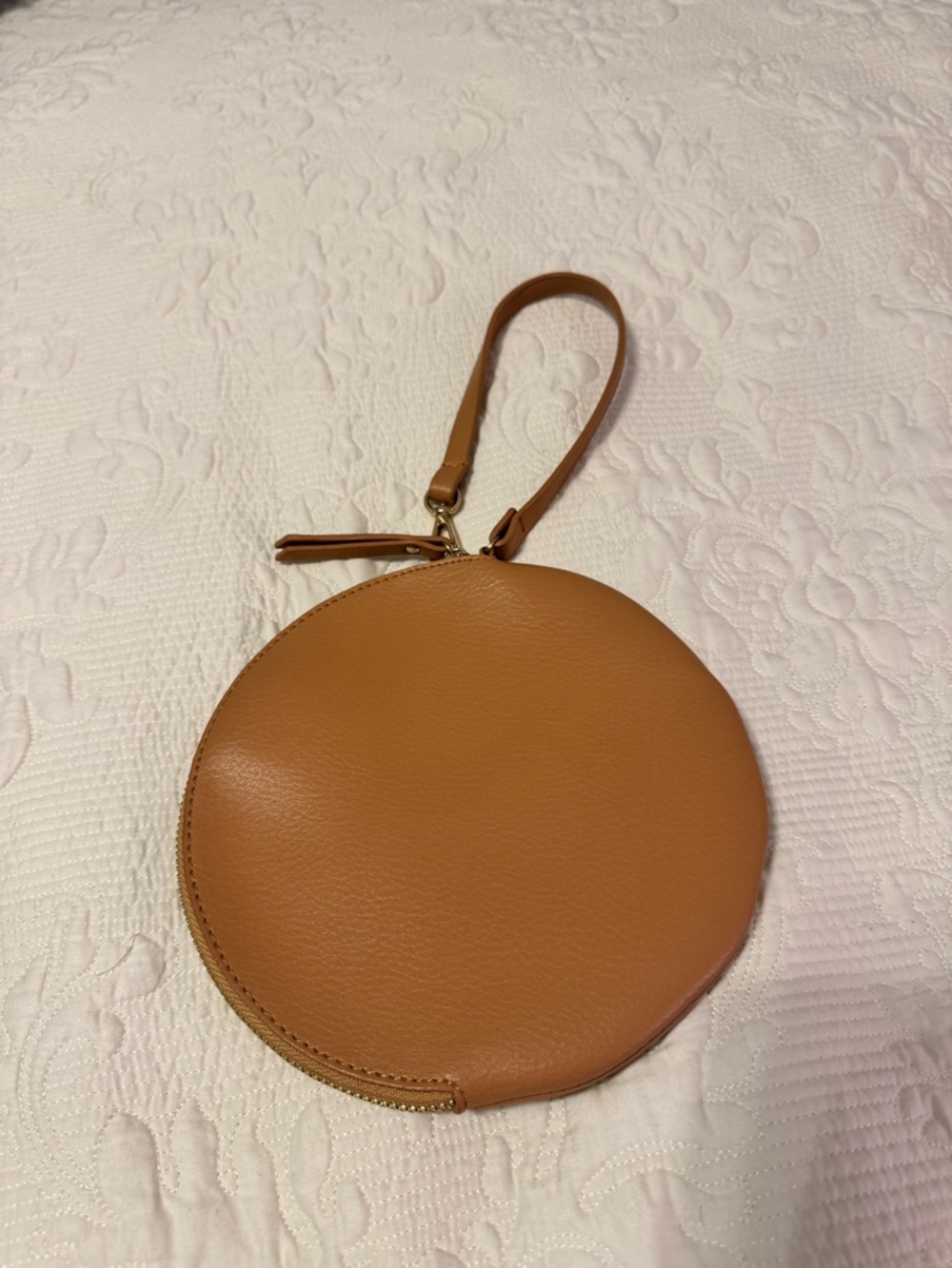 Round Tan Wristlet Clutch with Wrist Strap